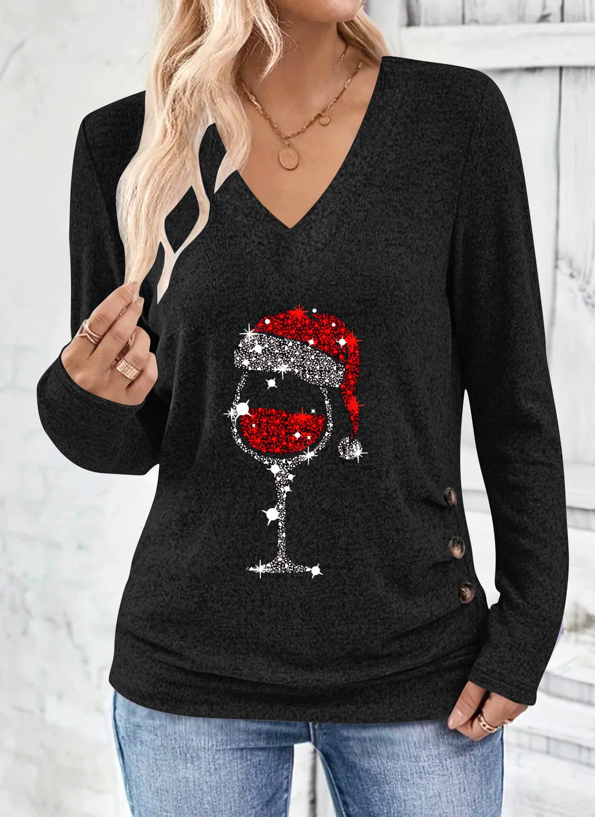 Casual Plain V Neck Long Sleeve T-shirt