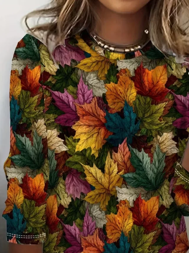 Casual Maple Leaf Crew Neck Long Sleeve T-shirt