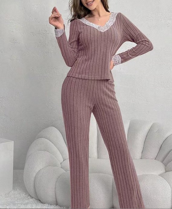 Women Plain Two-Piece Set Daily Long Sleeve Casual Spring/Fall Top With Pants Matching Set