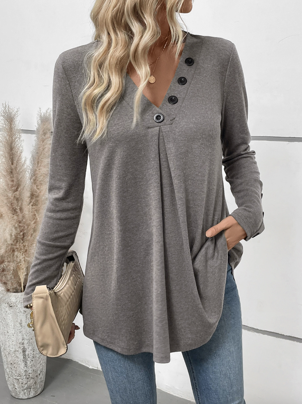 Casual Plain V Neck Long Sleeve T-shirt