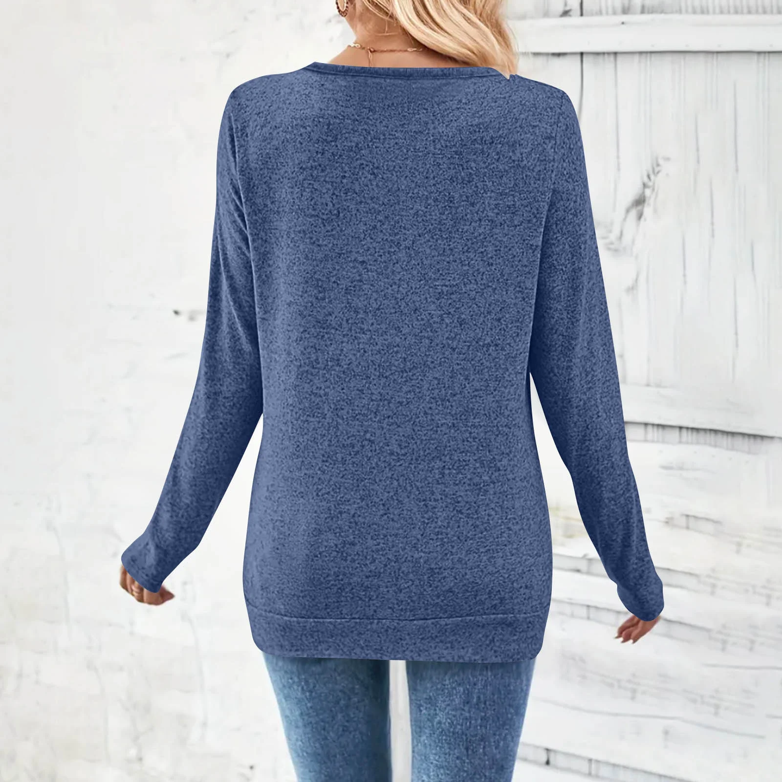 Casual Plain V Neck Long Sleeve T-shirt