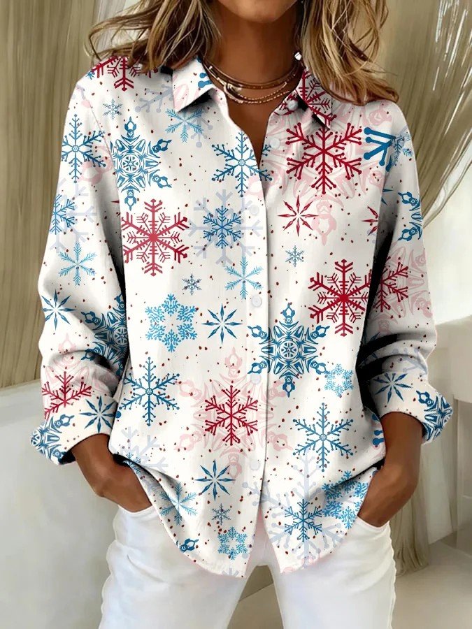 Shawl Collar Long Sleeve Christmas Regular Loose Shirt For Women