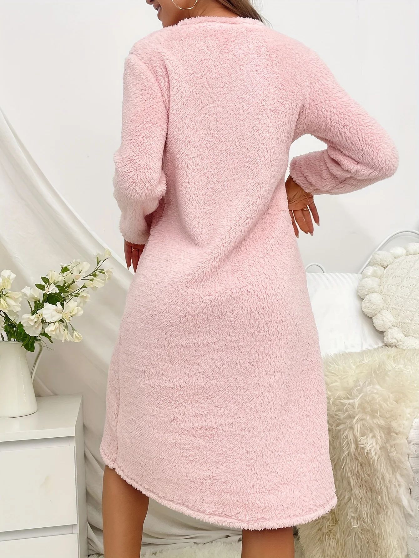 Autumn And Winter Pink Heart Flannel Long-Sleeved Thickened Nightgown Pullover Mid-Length Cute Home Clothes Nightgown