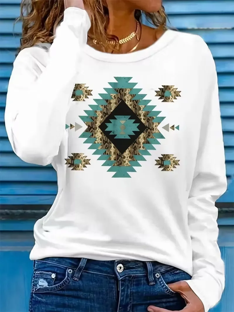 Casual Ethnic Crew Neck Long Sleeve T-shirt