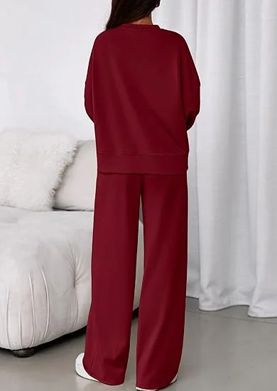 Women Plain Two-Piece Set Daily Long Sleeve Casual Spring/Fall Top With Pants Matching Set