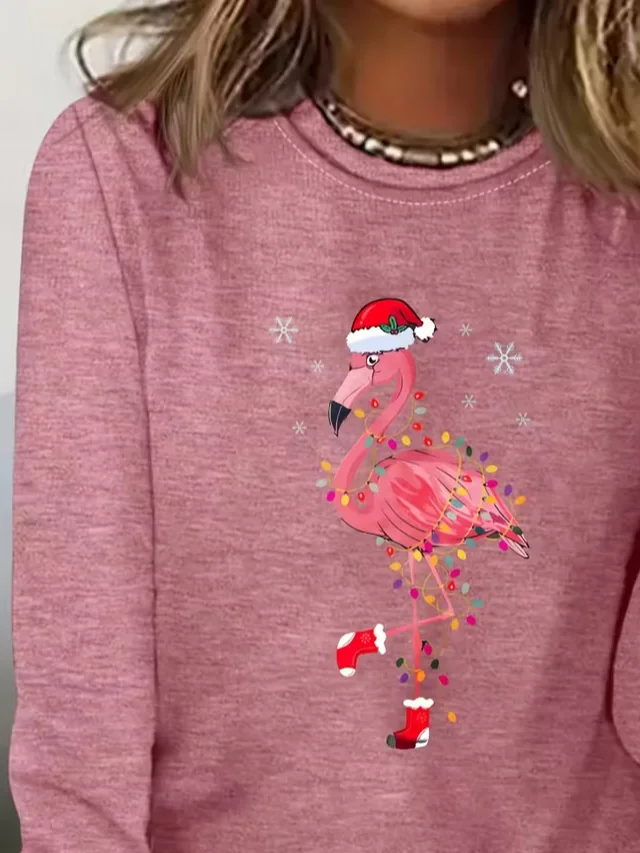 Casual Flamingo Crew Neck Long Sleeve T-shirt