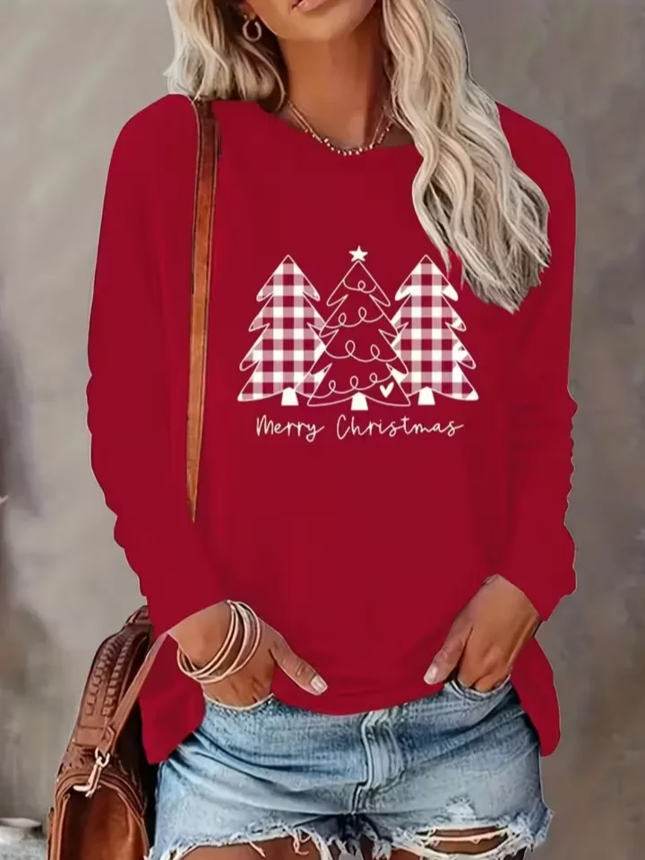 Casual Christmas Crew Neck Long Sleeve T-shirt