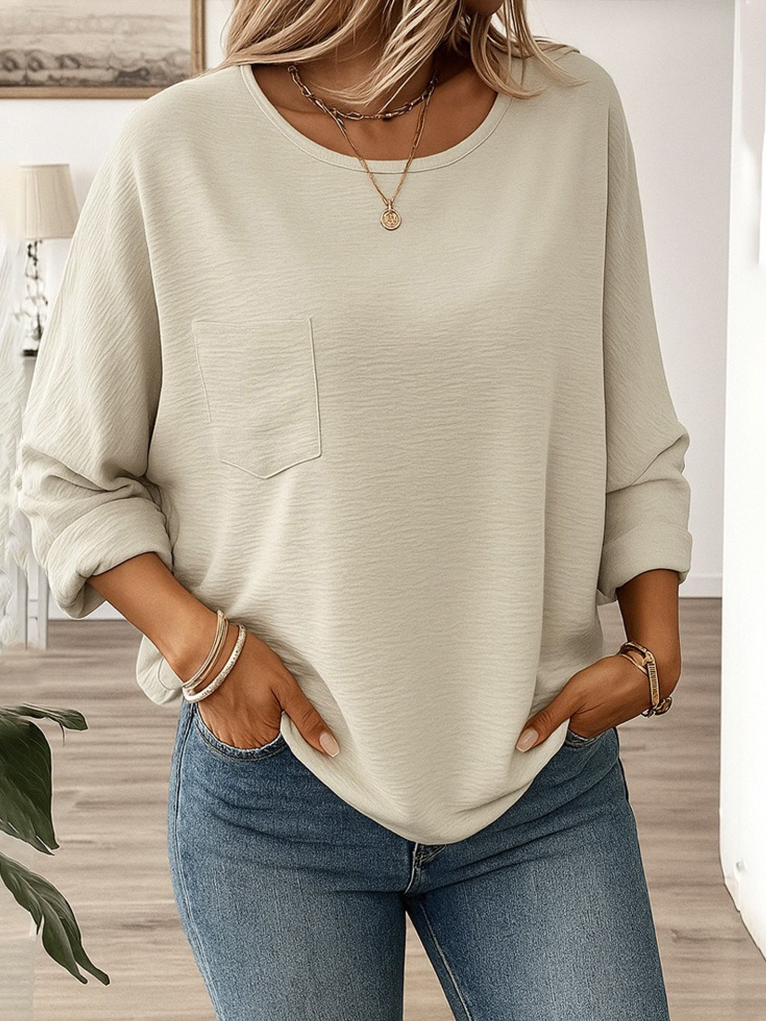 Crew Neck Long Sleeve Plain Regular Loose Blouse For Women