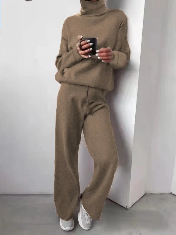 Women Plain Split Joint Two-Piece Set Daily Long Sleeve Casual Spring/Fall Top With Pants Matching Set