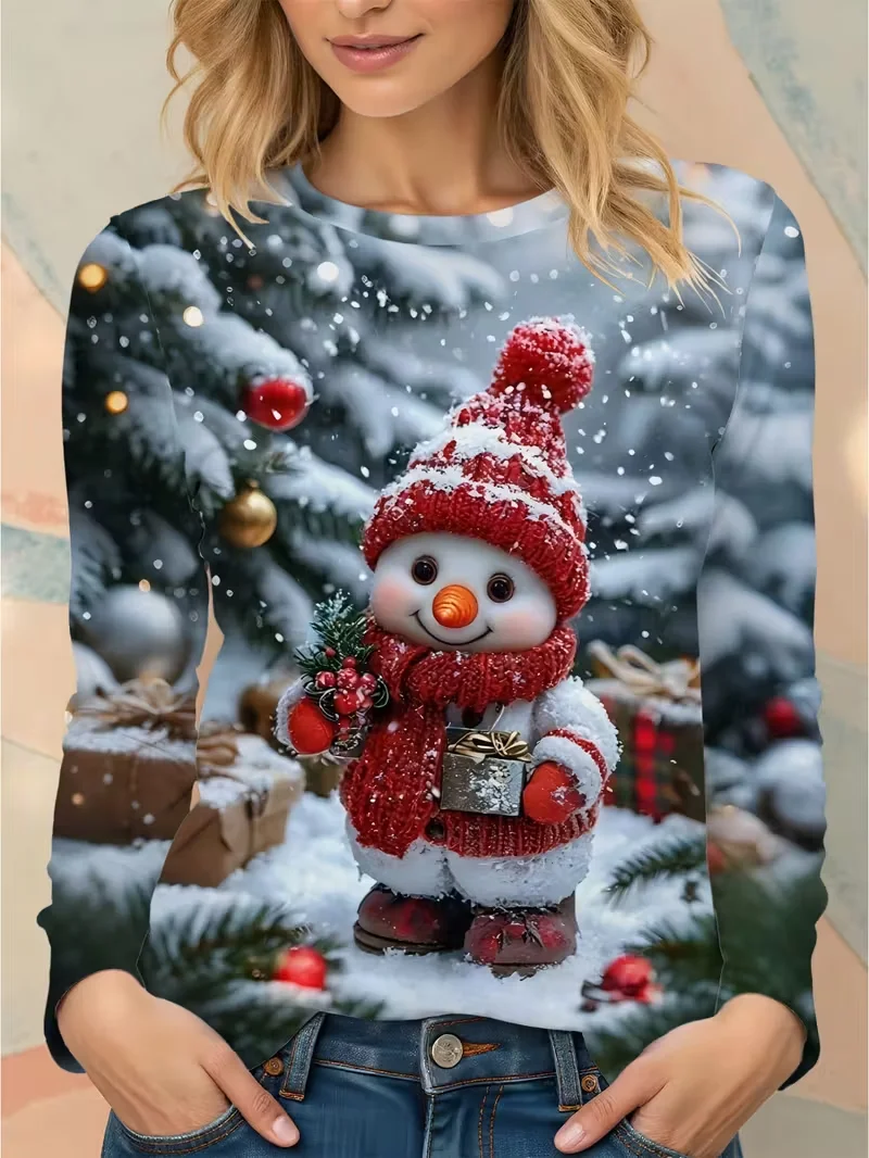 Casual Christmas Snowman Crew Neck Long Sleeve T-shirt
