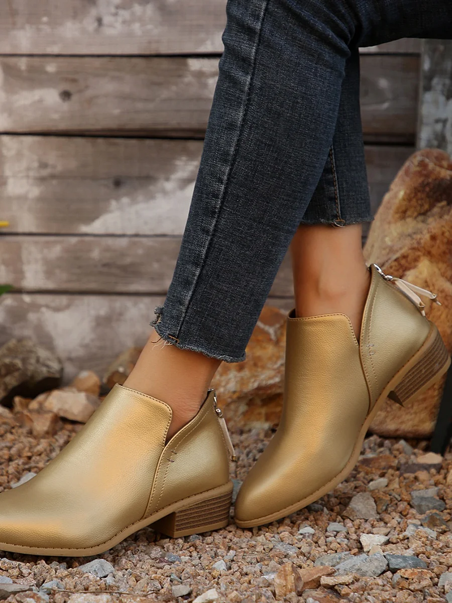Vintage Plain Zipper Low Heel Classic Boots Split Joint