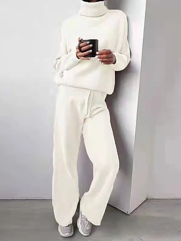 Women Plain Split Joint Two-Piece Set Daily Long Sleeve Casual Spring/Fall Top With Pants Matching Set