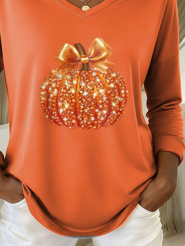 Casual Halloween (pumpkin) V Neck Long Sleeve T-shirt