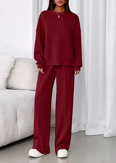 Women Plain Two-Piece Set Daily Long Sleeve Casual Spring/Fall Top With Pants Matching Set