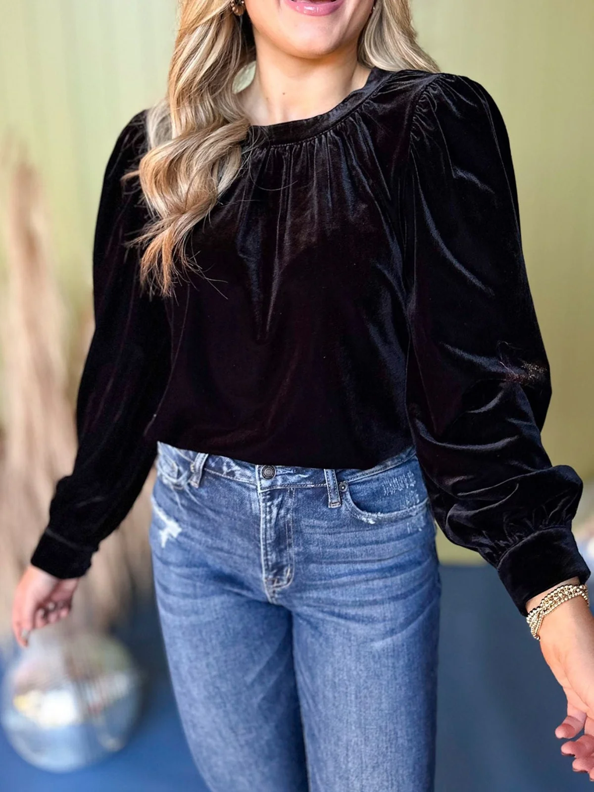 Crew Neck Puff Sleeve Long Sleeve Plain Gathered Regular Micro-Elasticity Loose Tunic Shirt For Women