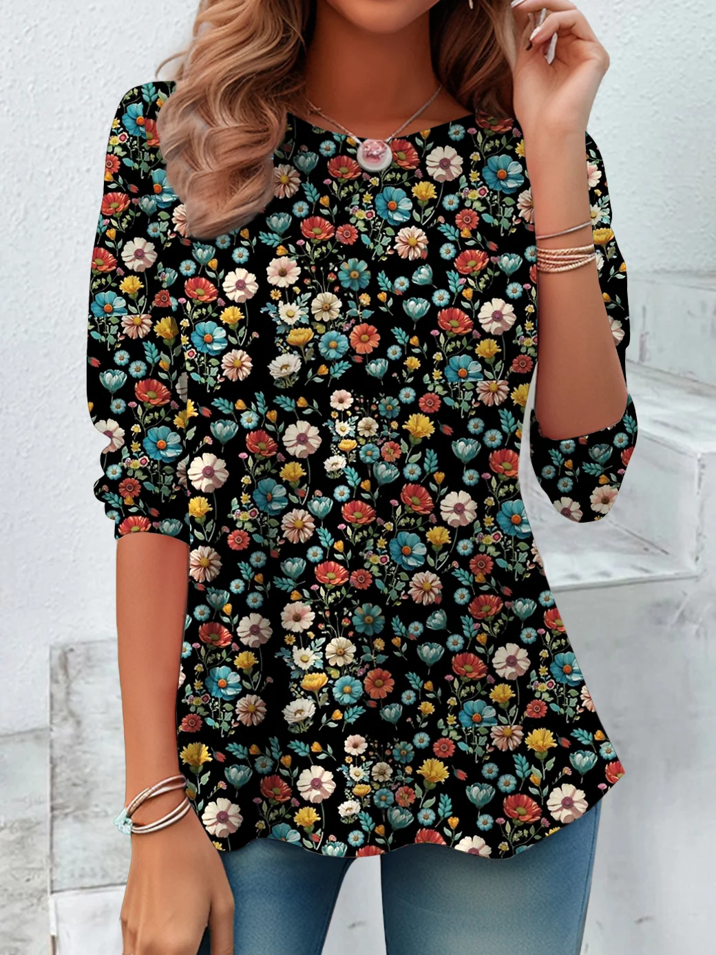 Casual Floral Crew Neck Long Sleeve T-shirt