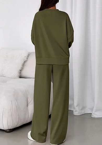 Women Plain Two-Piece Set Daily Long Sleeve Casual Spring/Fall Top With Pants Matching Set