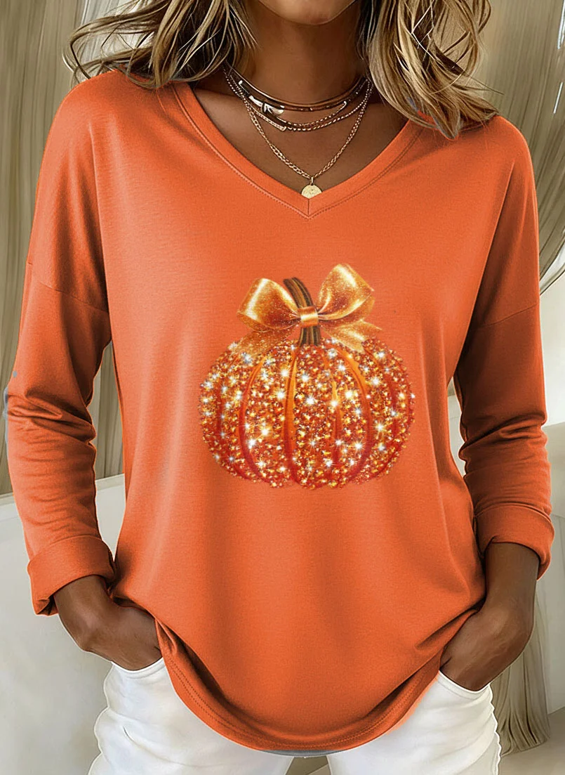 Casual Halloween (pumpkin) V Neck Long Sleeve T-shirt