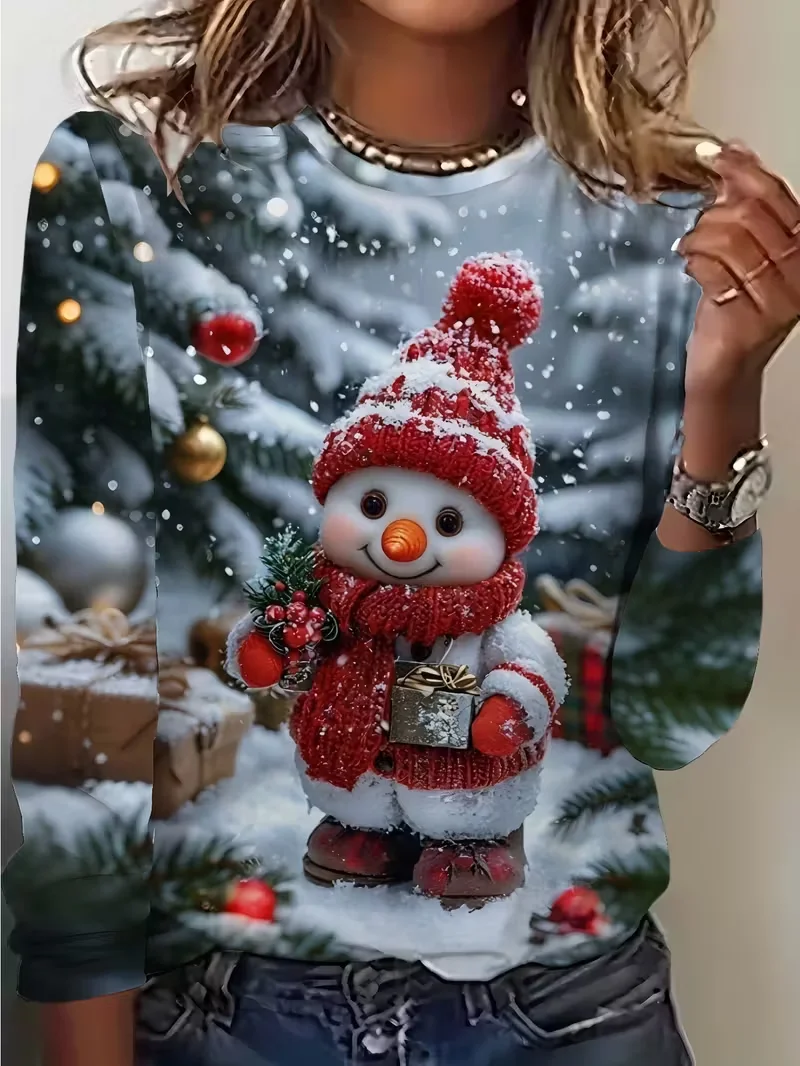 Casual Christmas Snowman Crew Neck Long Sleeve T-shirt