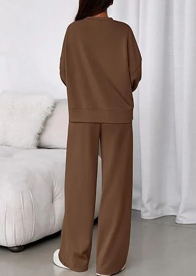 Women Plain Two-Piece Set Daily Long Sleeve Casual Spring/Fall Top With Pants Matching Set