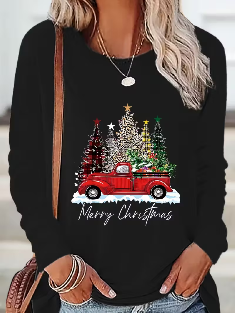 Casual Christmas Crew Neck Long Sleeve T-shirt