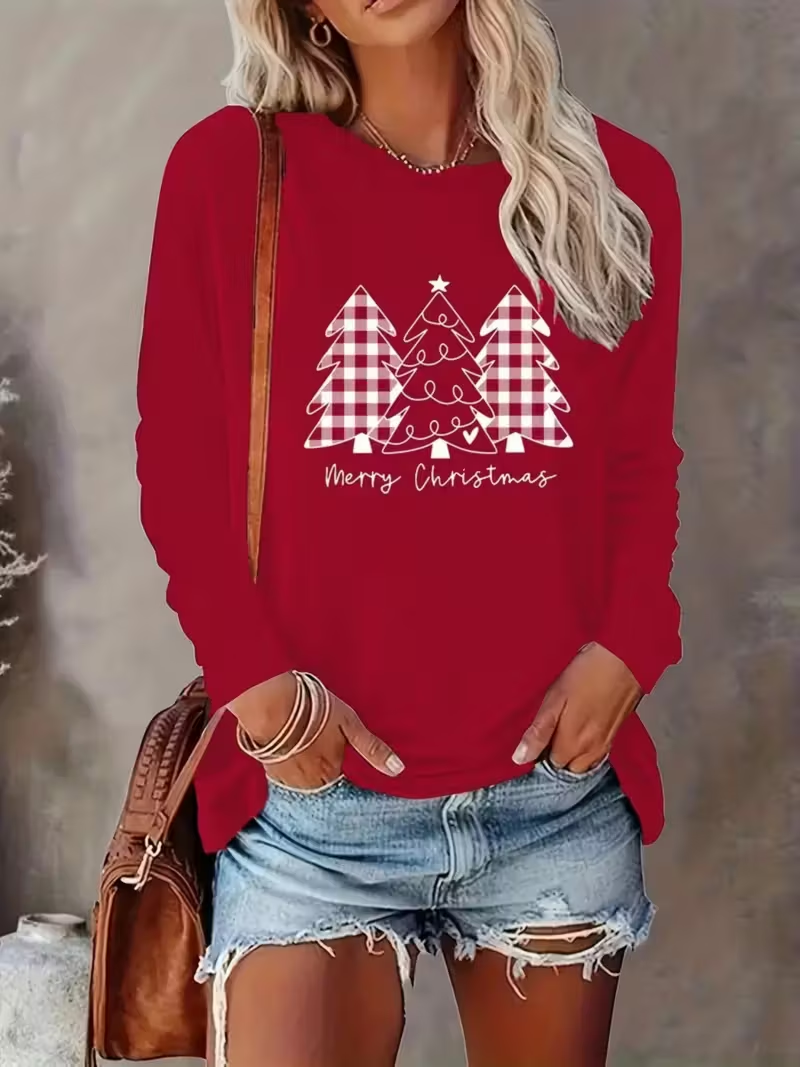 Casual Christmas Crew Neck Long Sleeve T-shirt