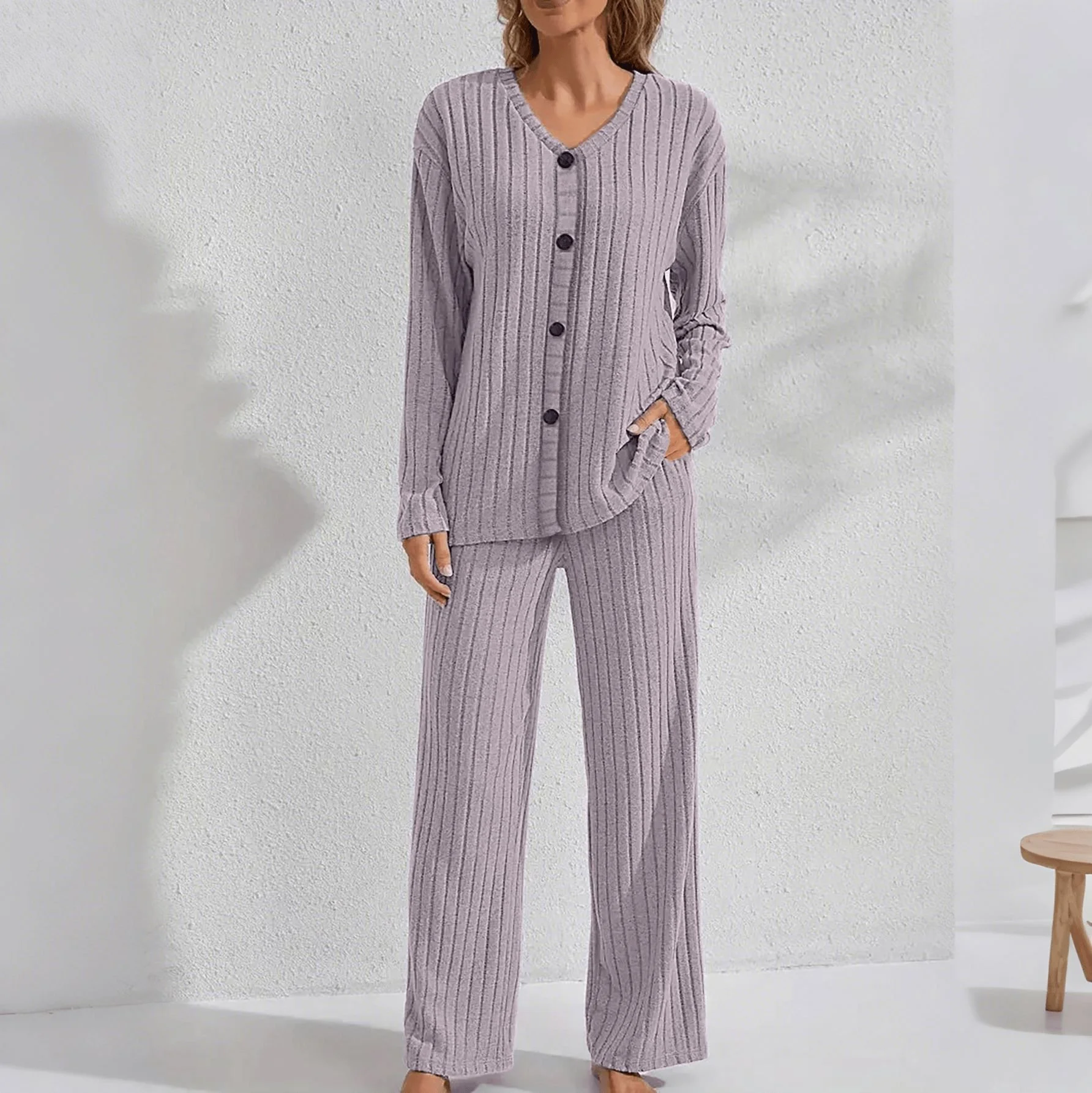 Autumn And Winter Warm Light Purple Knitted V-Neck Button Cardigan Ribbed Long-Sleeved Trousers Home Good Sleep Two-Piece Set