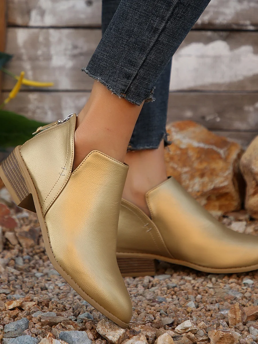 Vintage Plain Zipper Low Heel Classic Boots Split Joint