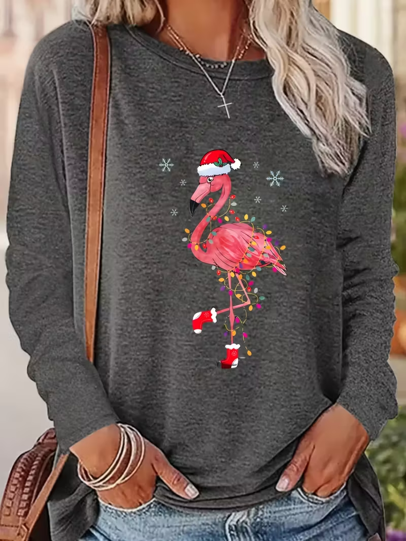 Casual Flamingo Crew Neck Long Sleeve T-shirt