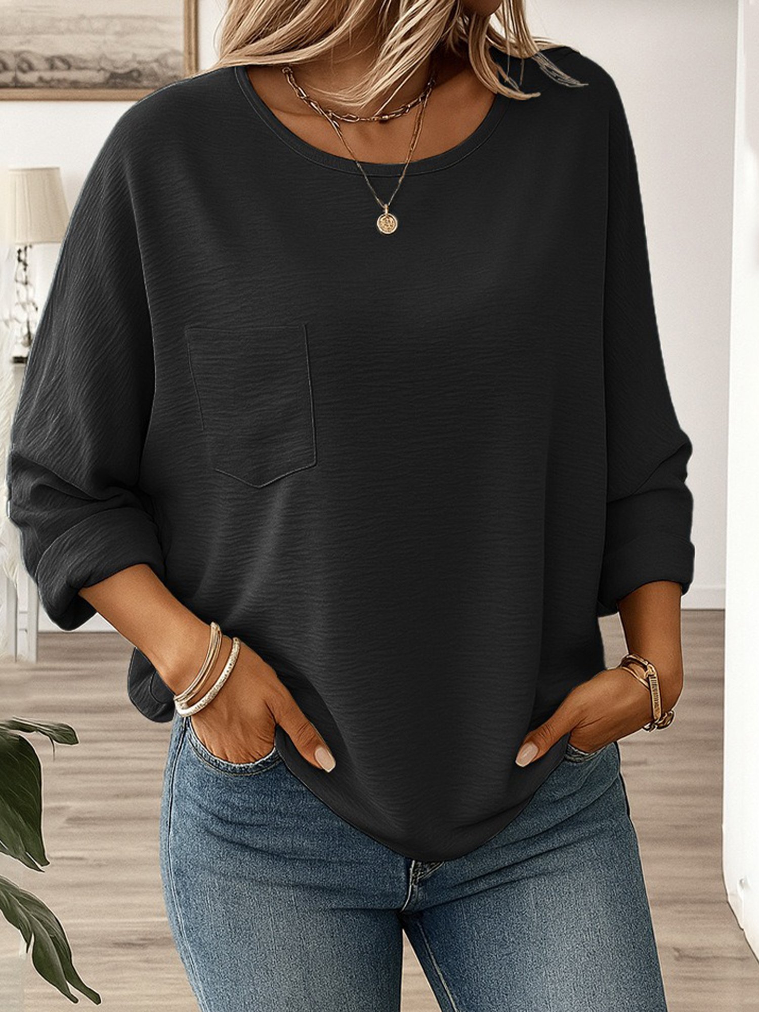 Crew Neck Long Sleeve Plain Regular Loose Blouse For Women