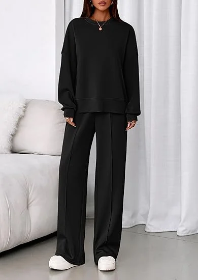 Women Plain Two-Piece Set Daily Long Sleeve Casual Spring/Fall Top With Pants Matching Set