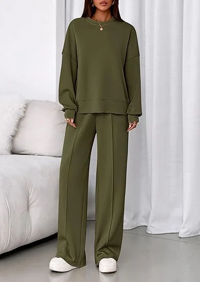 Women Plain Two-Piece Set Daily Long Sleeve Casual Spring/Fall Top With Pants Matching Set