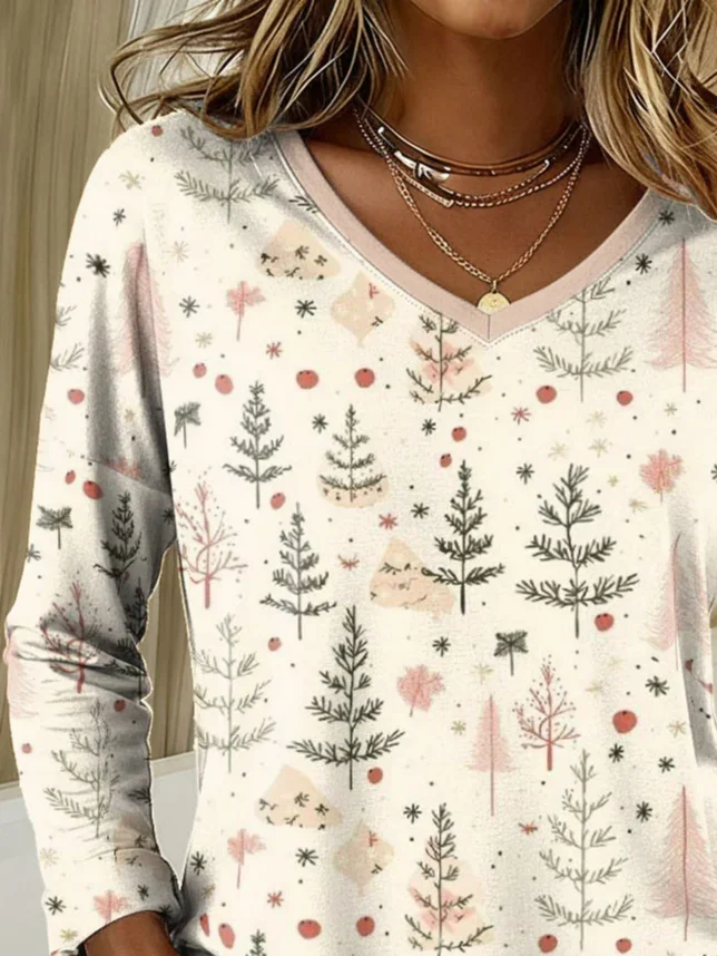 Casual Christmas V Neck Long Sleeve T-shirt