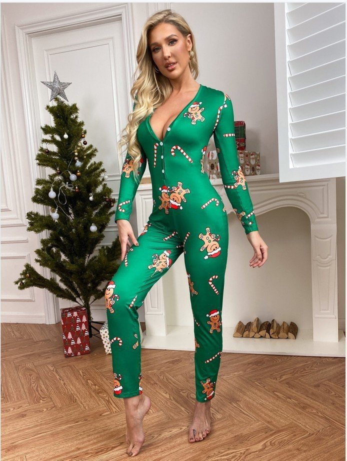 Women Christmas V Neck Long Sleeve Casual Spring/Fall Jumpsuit