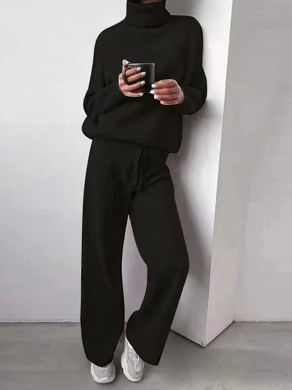 Women Plain Split Joint Two-Piece Set Daily Long Sleeve Casual Spring/Fall Top With Pants Matching Set