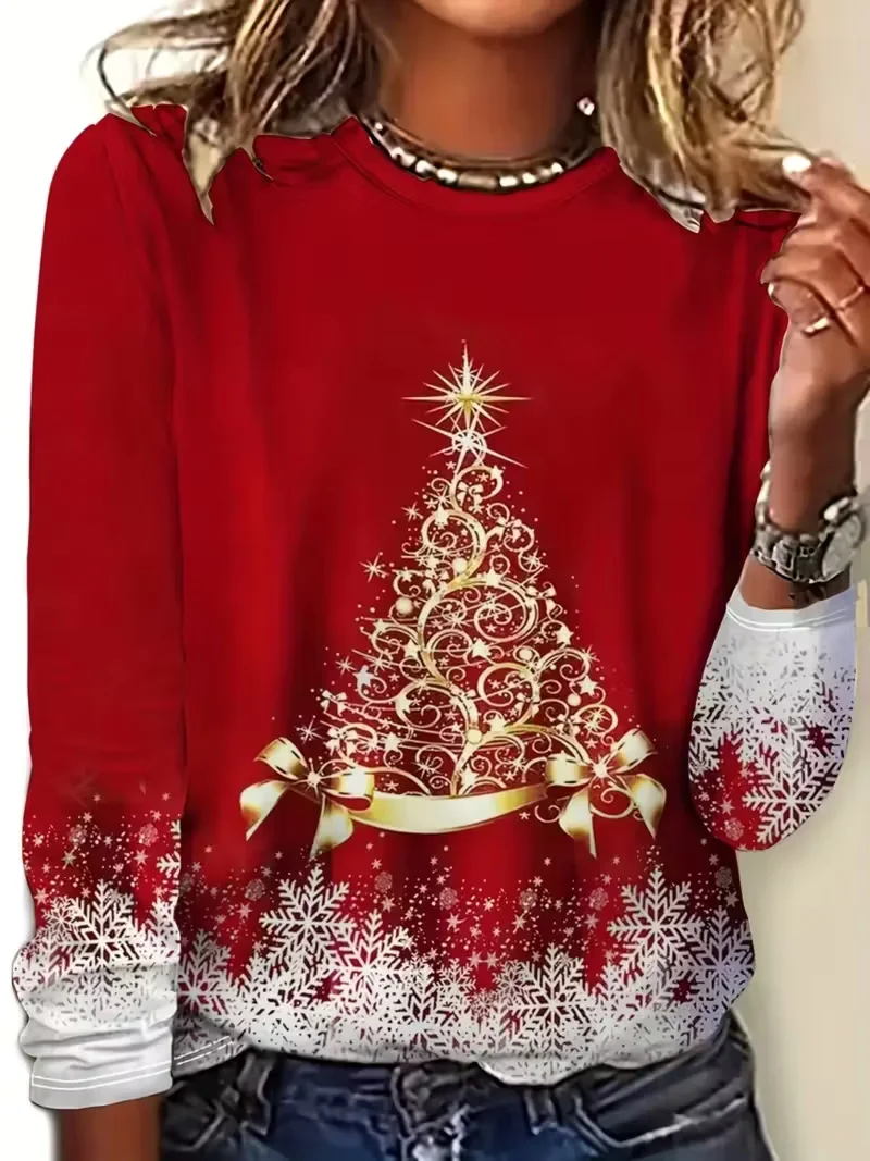 Casual Christmas Crew Neck Long Sleeve T-shirt