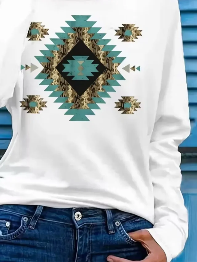 Casual Ethnic Crew Neck Long Sleeve T-shirt