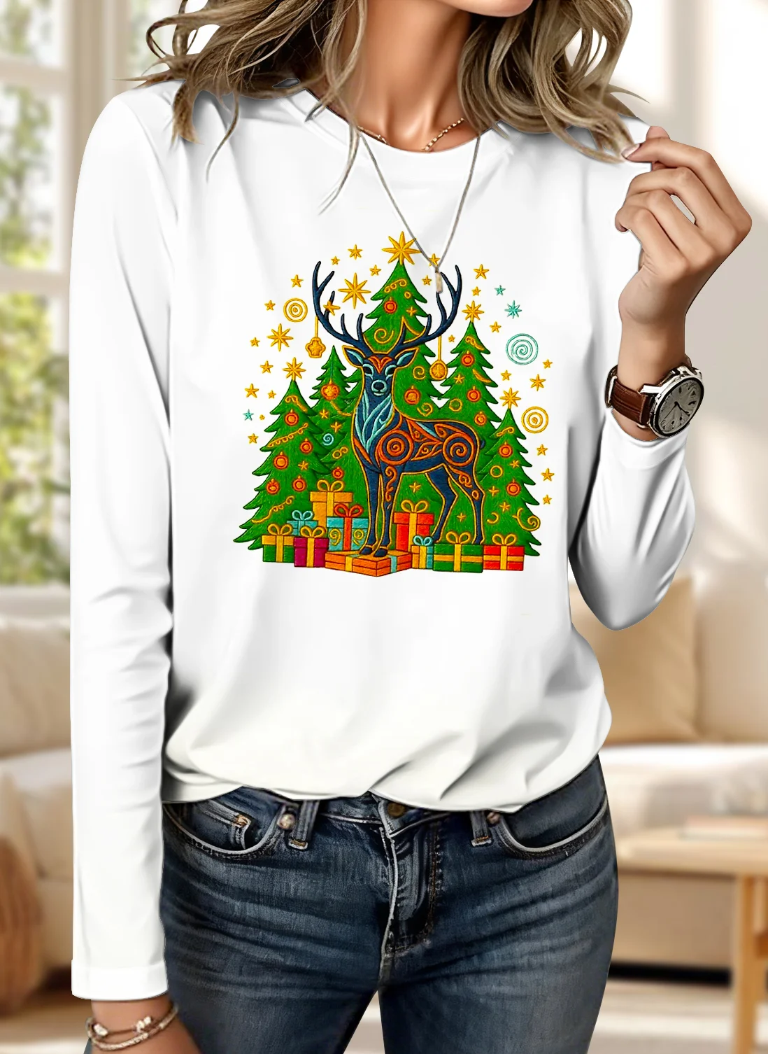 Vintage Floral Crew Neck Long Sleeve T-shirt