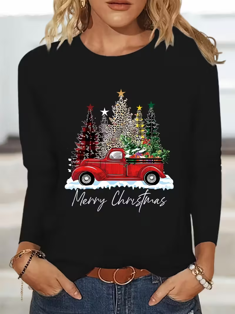 Casual Christmas Crew Neck Long Sleeve T-shirt