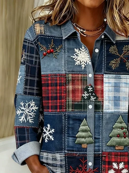 Shirt Collar Regular Sleeve Long Sleeve Christmas Buckle Regular Loose Button Up Shirt Shirt For Women