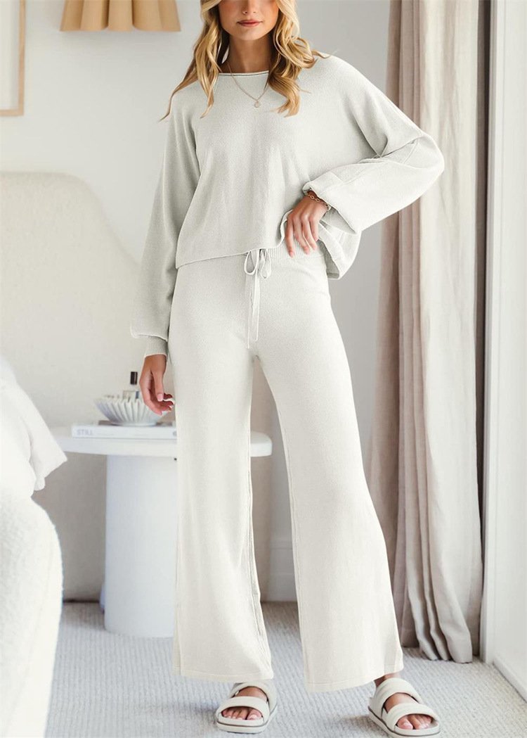 Women Plain Two-Piece Set Daily Long Sleeve Casual Spring/Fall Top With Pants Matching Set