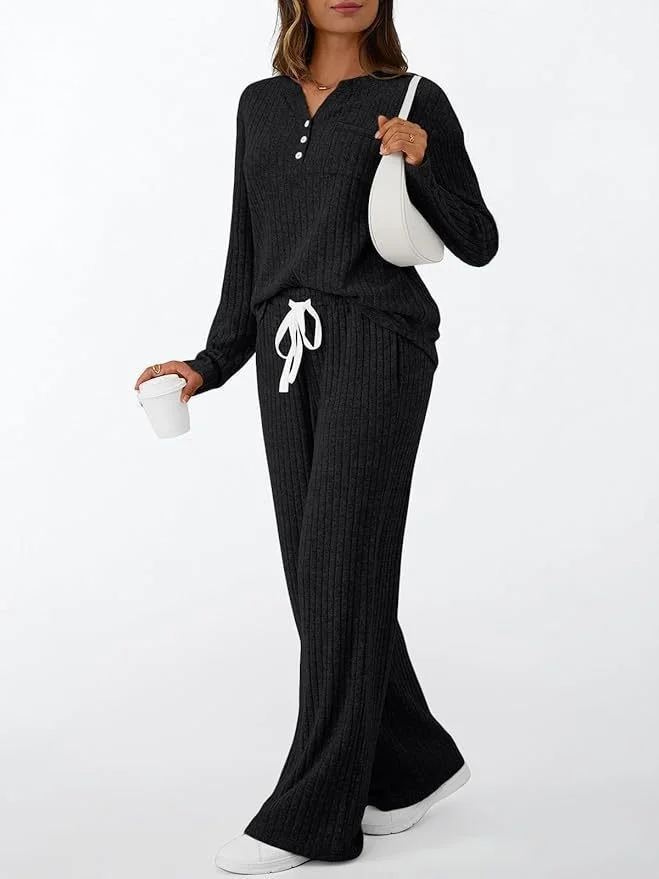 Women Plain Two-Piece Set Daily Long Sleeve Casual Spring/Fall Top With Pants Matching Set