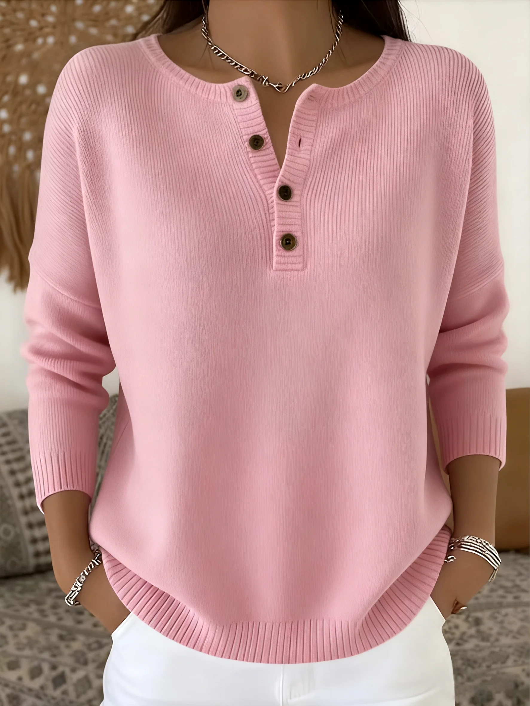 Women Cotton Plain Long Sleeve Comfy Casual Sweater