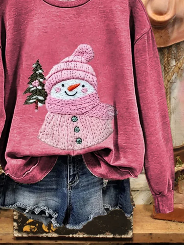 Casual Crew Neck Christmas Snowman Sweatshirt Printing