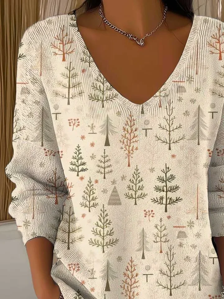 Casual Christmas V Neck Long Sleeve T-shirt