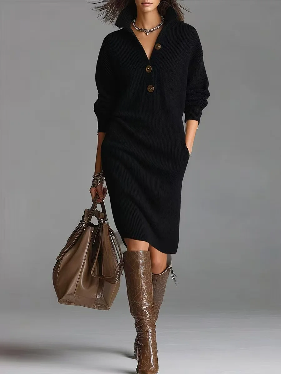 Women Plain Autumn Dress Turtleneck Long Sleeve H-Line Dress