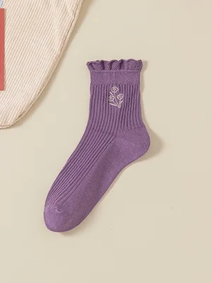 Cotton Embroidery Sweat-absorbent Trendy Japanese Style Cute Fungus Lace Mid-tube Women's Socks Breathable Pile Socks