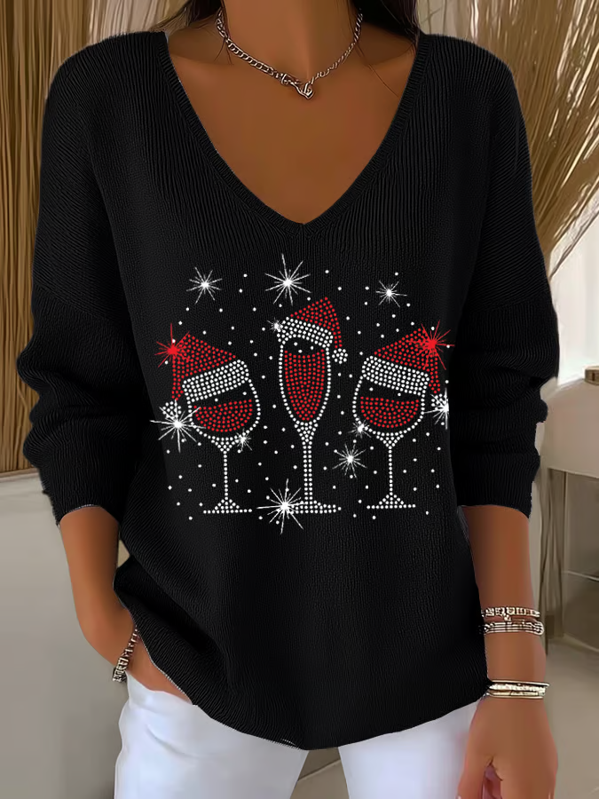 Casual Christmas V Neck Long Sleeve T-shirt