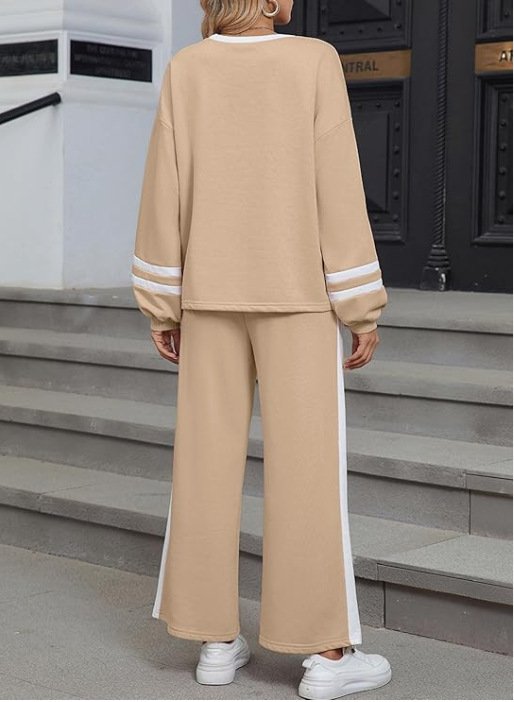 Women Color Block Two-Piece Set Daily Long Sleeve Casual Spring/Fall Top With Pants Matching Set