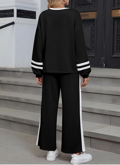 Women Color Block Two-Piece Set Daily Long Sleeve Casual Spring/Fall Top With Pants Matching Set